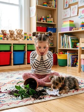 Shocked Little Girl Looking at Messy Playroom with Spilled Plant Soil and Naughty Puppy Chewing Paper