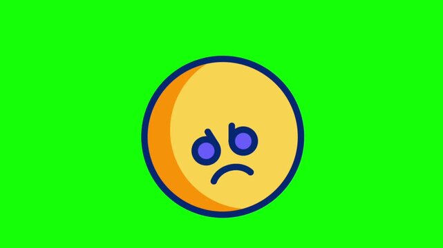 Yellow emoji face character with animated angry expression and moving eyebrows on green chroma key