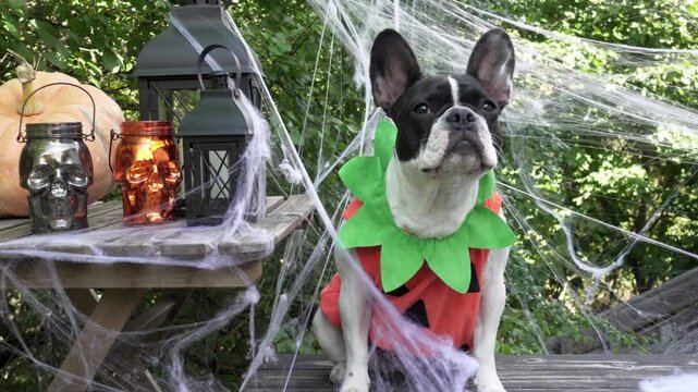 Cute dog in a festive costume sits with Halloween decorations. Black lanterns, skull candles, spider webs and pumpkin. Symbolizes Halloween fun. Ideal for holiday and pet content