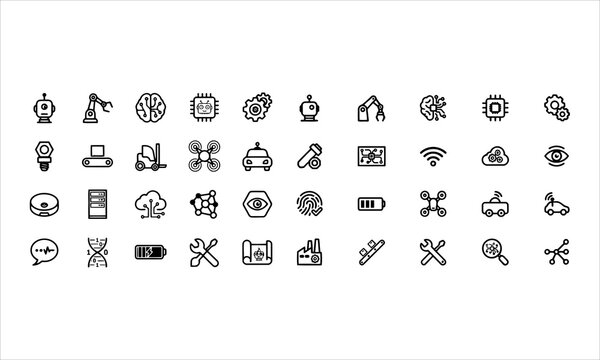 Set robotics industry icons. Set with robot and bot technology, artificial intelligence AI, equipment, engineering, automated machinery. Editable stroke. Vector illustration