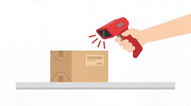 Hand scanning cardboard box with red barcode scanner