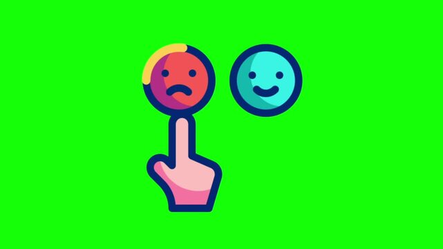 Hand clicking positive and negative emotion icons animation on green screen background loop