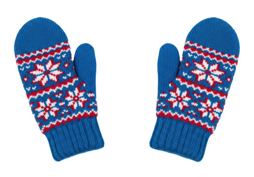 Blue knitted winter mittens with red and white pattern on white isolated on transparent background