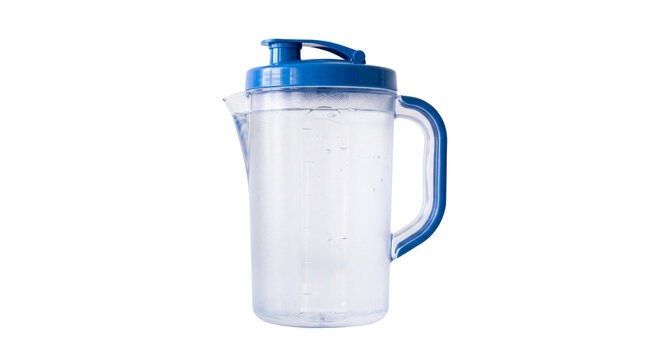 Clear plastic water pitcher with blue lid, reusable beverage carafe for kitchen storage, transparent liquid container for cold drinks isolated PNG with Transparent Background