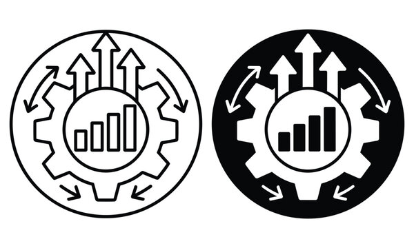 Business optimization icon set showing gears with rising charts and arrows representing growth, efficiency, and progress for corporate.