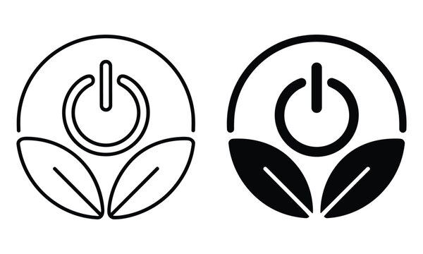 Eco friendly power button icons with leaves representing renewable energy solutions for sustainable technology development.