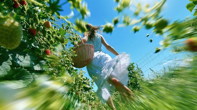 Young woman carrying a woven basket through a sunny strawberry patch, natural motion blur in a bright orchard for healthy eating and nature themes