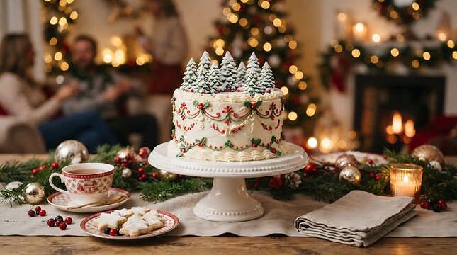 Family celebrates festive holiday dessert table with decorated christmas cake and treats