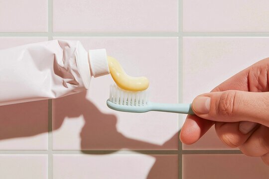 Toothpaste being squeezed from a white tube onto a toothbrush, a clean and creamy dental routine set against lavender tiles for oral hygiene