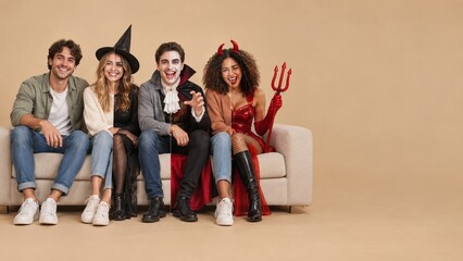 Fototapeta premium Group of friends on a sofa showing a transition from casual clothes to Halloween costumes, joyful and playful for party campaigns with copy space
