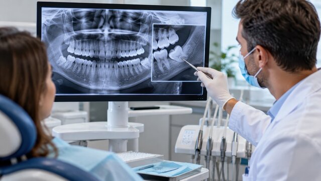 Dentist showing patient a digital panoramic x-ray of her teeth and jaw on a computer screen.