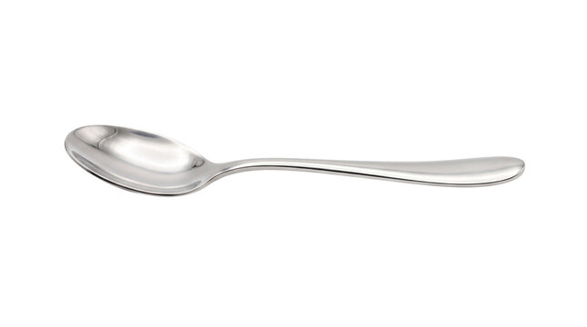 Polished stainless steel teaspoon, shiny silver metal spoon for dining and kitchen use, elegant metallic cutlery piece for food service isolated PNG with Transparent Background