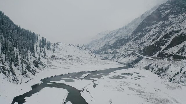 Aerial view of Babusar Pass in winter, Pakistan.