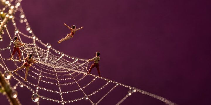 Giant spider web with miniature acrobats performing jumps, featuring glistening dew drops on a deep plum background for event advertising