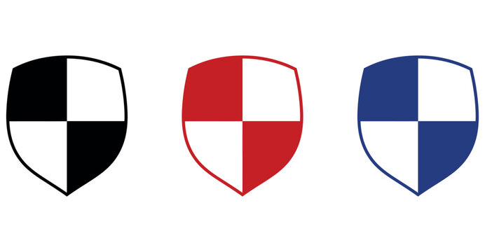 Three checkered coat of arms shield symbols in black, red, and blue colors on white background.