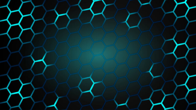 Futuristic dark background featuring a glowing blue hexagonal grid pattern, perfect for tech banners and cyber concepts.