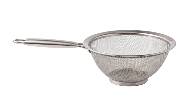 Stainless steel mesh strainer with long handle, professional kitchen colander for sifting and draining, durable metal wire sieve for cooking isolated PNG with Transparent Background