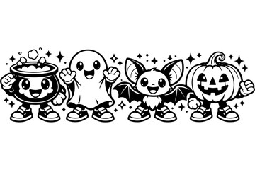 Obraz premium Vintage Cartoon Halloween Characters with Ghost Pumpkin Bat and Witch Cauldron