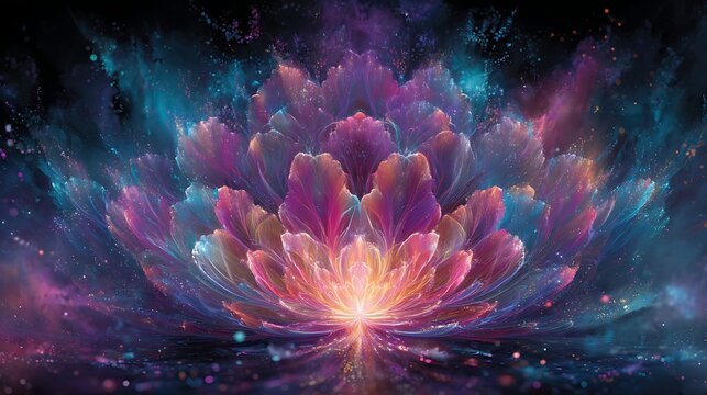Vibrant purple and pink lotus flowers floating in dark water with glowing light rays