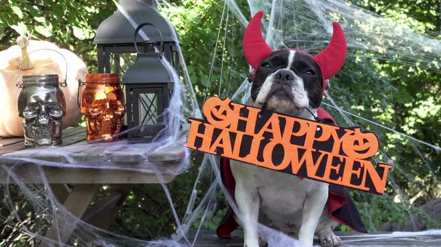 Cute French Bulldog in a festive costume sits with Halloween decorations. Black lanterns, skull candles, spider webs and pumpkin. Symbolizes Halloween fun. Ideal for holiday and pet content