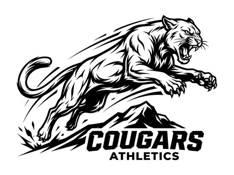 Black and white cougar mascot logo for athletics team