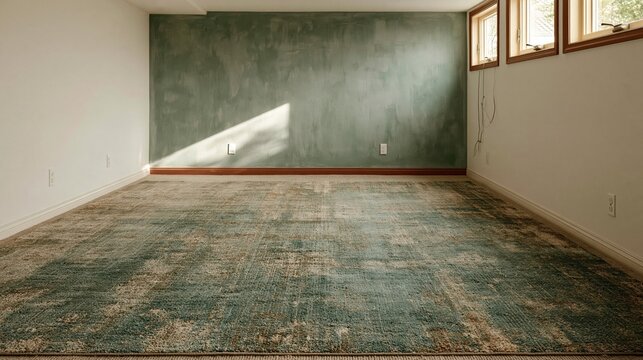 Renovated basement with teal blue carpet and matching walls, featuring a clean matte finish and warm daylight for property listings and home design