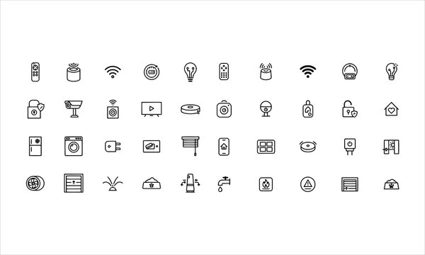Set smart home outline icons. Remote control, domestic life, security system, home automation, wireless technology. Editable stroke