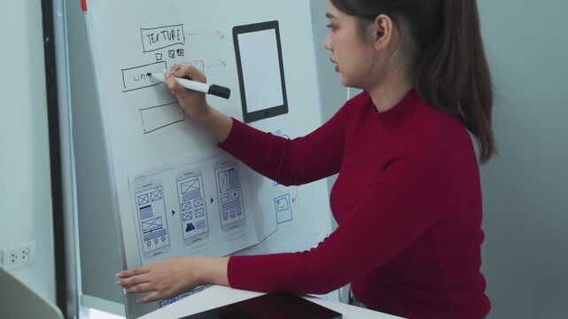 A young female designer in a red sweater stands at a whiteboard sketching app wireframes and interface elements with a marker while planning mobile screen layouts in a modern office and focusing inten