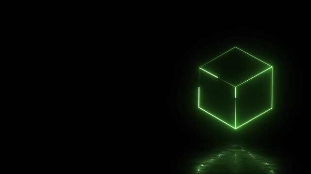 Glowing green neon cube on a reflective surface, digital technology background. Seamless loop