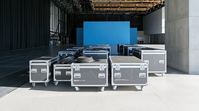 Road cases line a vast event floor with a luminous blue stage and golden rigging for concert production and logistics