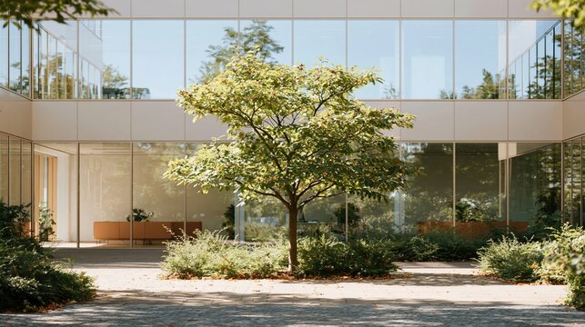 A mature tree stands in a symmetrical courtyard between reflective office buildings, featuring muted rose tones and soft light for urban ecology