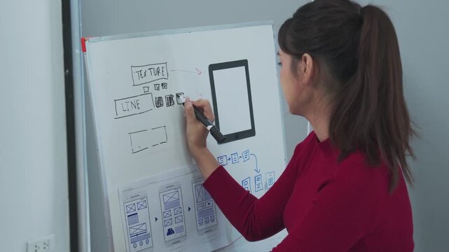 A young woman with a ponytail wearing a red sweater stands at a whiteboard sketching mobile app wireframes and interface icons while planning user experience design in a bright modern office setting
