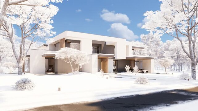 Panning 4K video of a contemporary luxury house exterior in winter with white facades, large glass windows, and a snowy landscape.