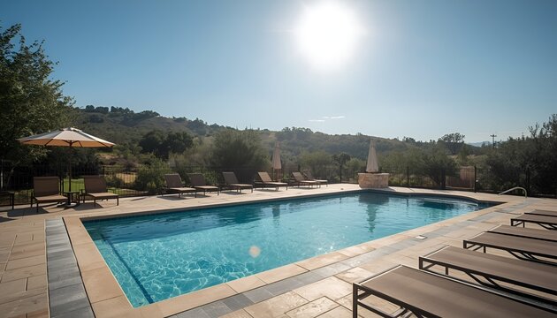 Serene Backyard Swimming Pool with Lounge Chairs and Umbrellas Under a Sunny Sky, Surrounded by Nature and Rolling Hills, Peaceful Outdoor Retreat for Relaxation