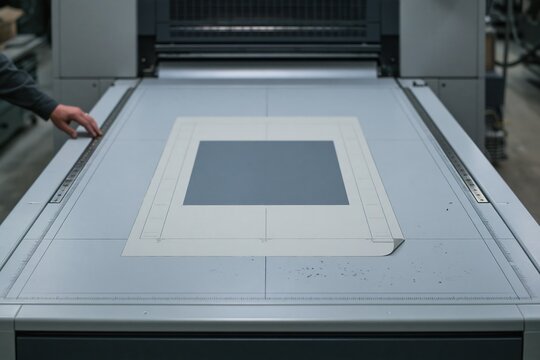 Printing press delivery table where a worker aligns a printed sheet for registration, featuring smooth coated paper for print production and prepress