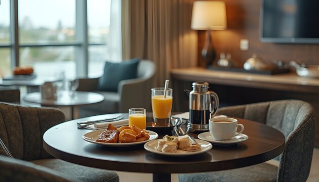 Breakfast Table in a Luxury Hotel Room with Fresh Morning Meal, Cozy Hospitality Interior and Room Service Dining, Travel Lifestyle Concept Featuring Comfort