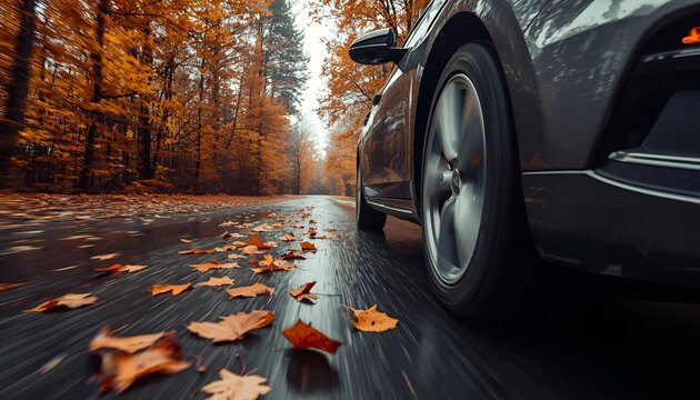 Close Up of Car Driving on Wet Autumn Road with Falling Leaves, Capturing Motion, Rainfall and Seasonal Vibes in a Vibrant Orange and Gray Nature Scene