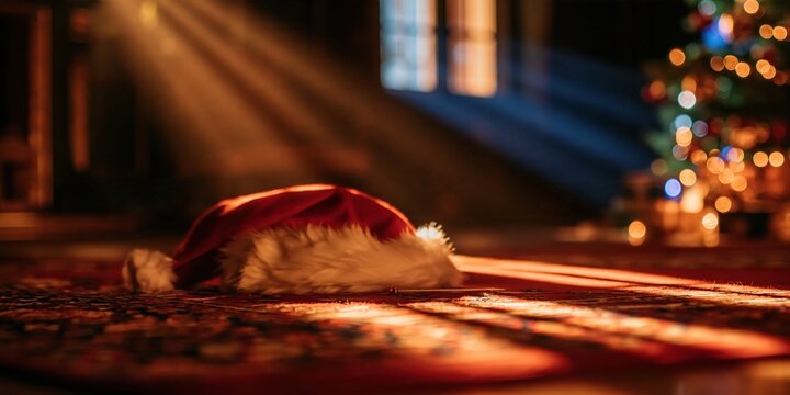 Red santa hat resting on a patterned rug with warm beams of light, creating a cozy and festive scene for Christmas banners and cards