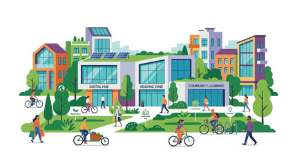 Obraz premium Modern Sustainable City Landscape Illustration with Eco Friendly Buildings and People Cycling
