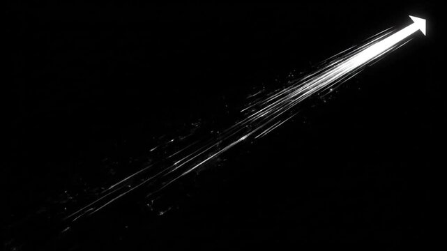 Bright white arrow graphic ascending diagonally on a solid black background