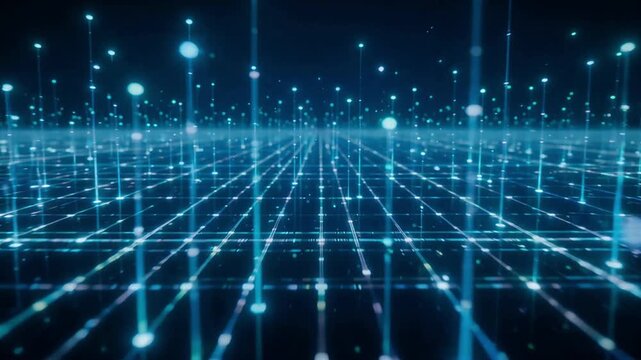 Blue digital data grid motion animation featuring glowing connection points and vibrant abstract network signal particles