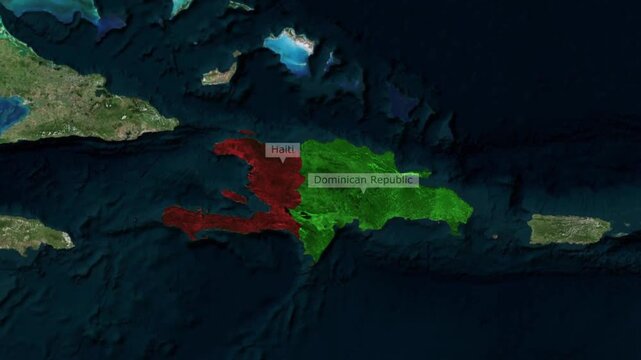 Haiti and dominican republic map border highlighted animation on satellite view digital showing