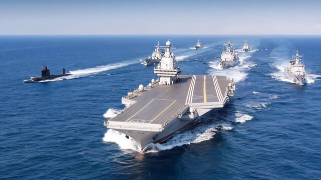 Naval fleet with aircraft carrier and submarine sailing in formation. Aerial view of military ships on open sea.