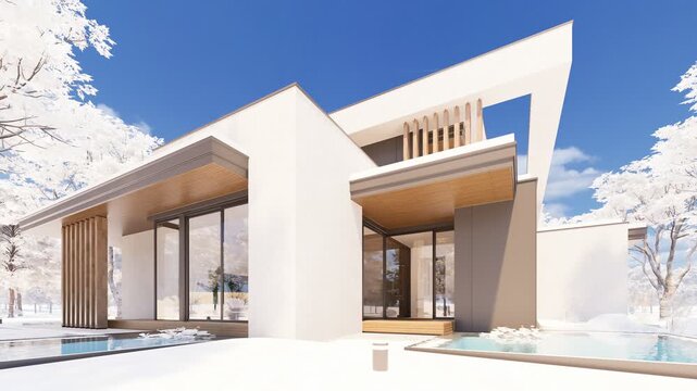 Panning 4K video of a contemporary luxury house exterior in winter with white facades, large glass windows, and a snowy landscape.