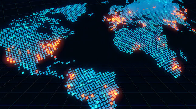 Abstract world map composed of glowing square pixels shows concentrated orange hot spots.
