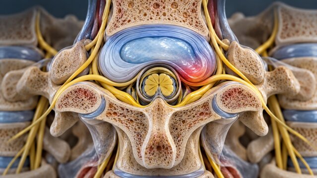 Detailed human spine cross-section with a herniated disc and pinched nerve highlighting pain and injury.