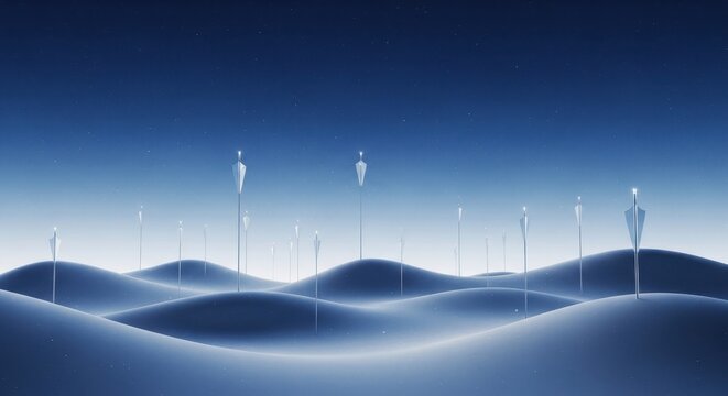 Ethereal Landscape with Floating Arrow Shapes in Blue Tones
