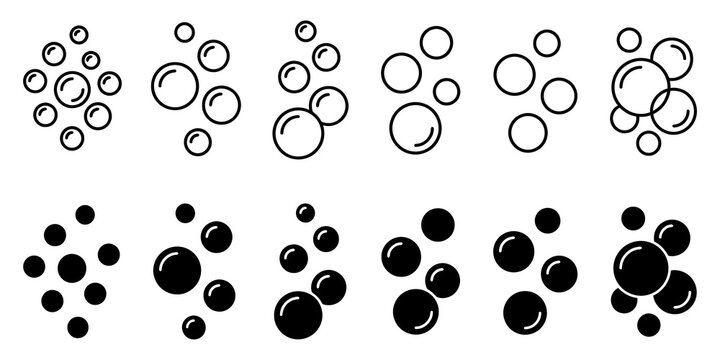 Bubbles and soap foam icons in outline and solid black for cleaning and effervescence.