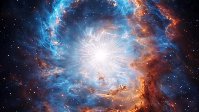 Luminous star exploding in deep space nebula. Cinematic panning and tilting camera movement.