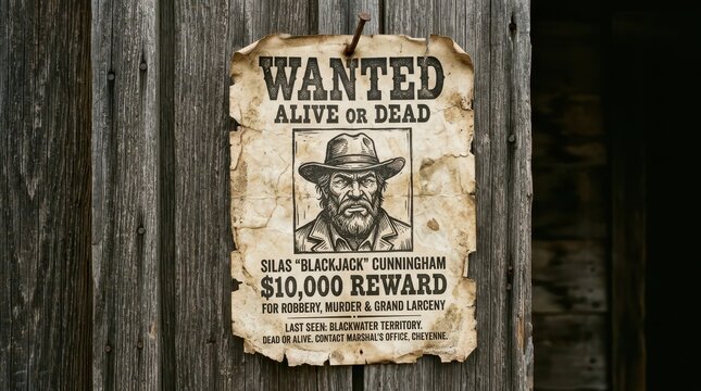 Vintage Wild West Wanted Dead or Alive Poster of Silas Blackjack Cunningham Nailed to a Weathered Wooden Wall